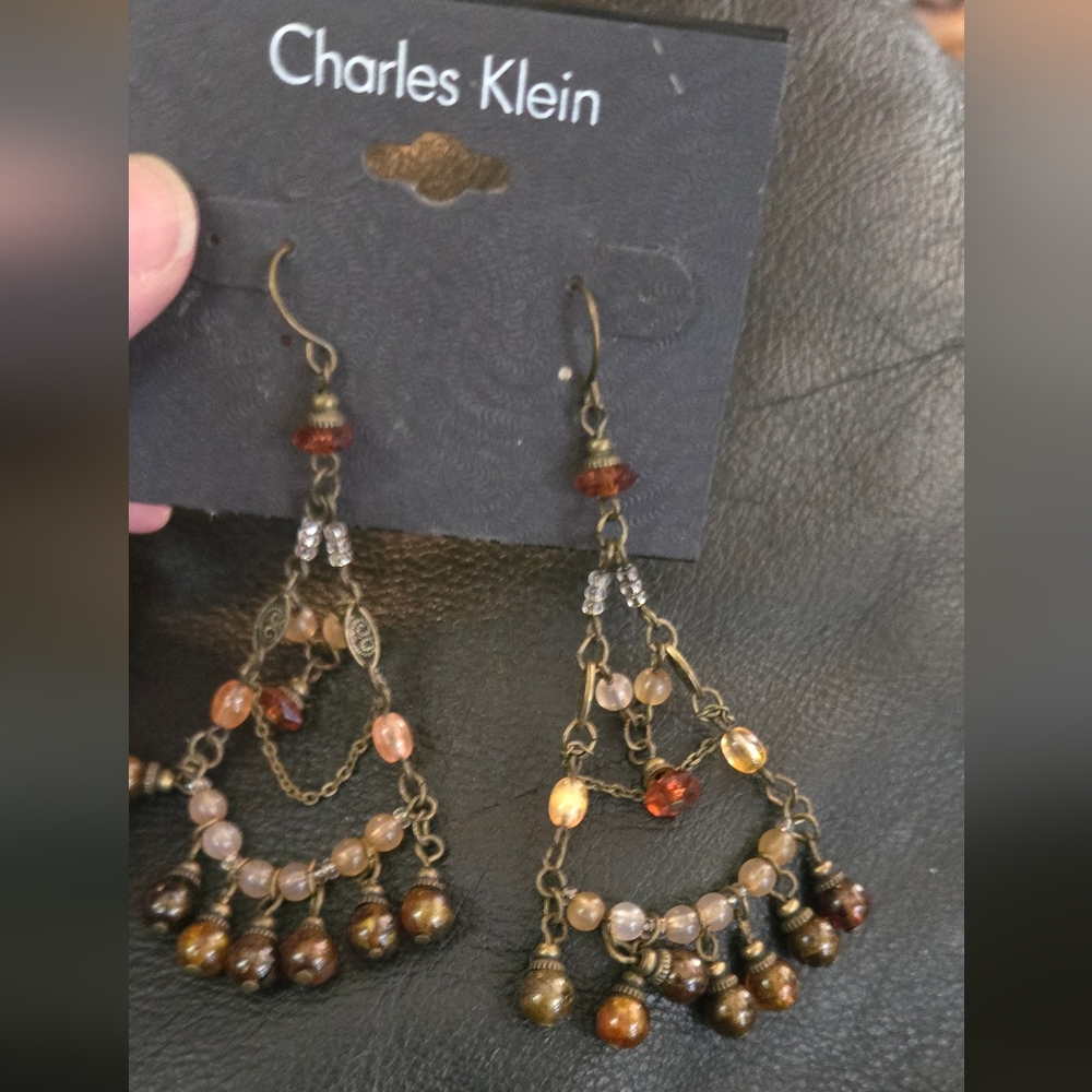 Charles Klein Orange & Gold Beaded Antiqed Chandelier Earrings - Picture 4 of 4